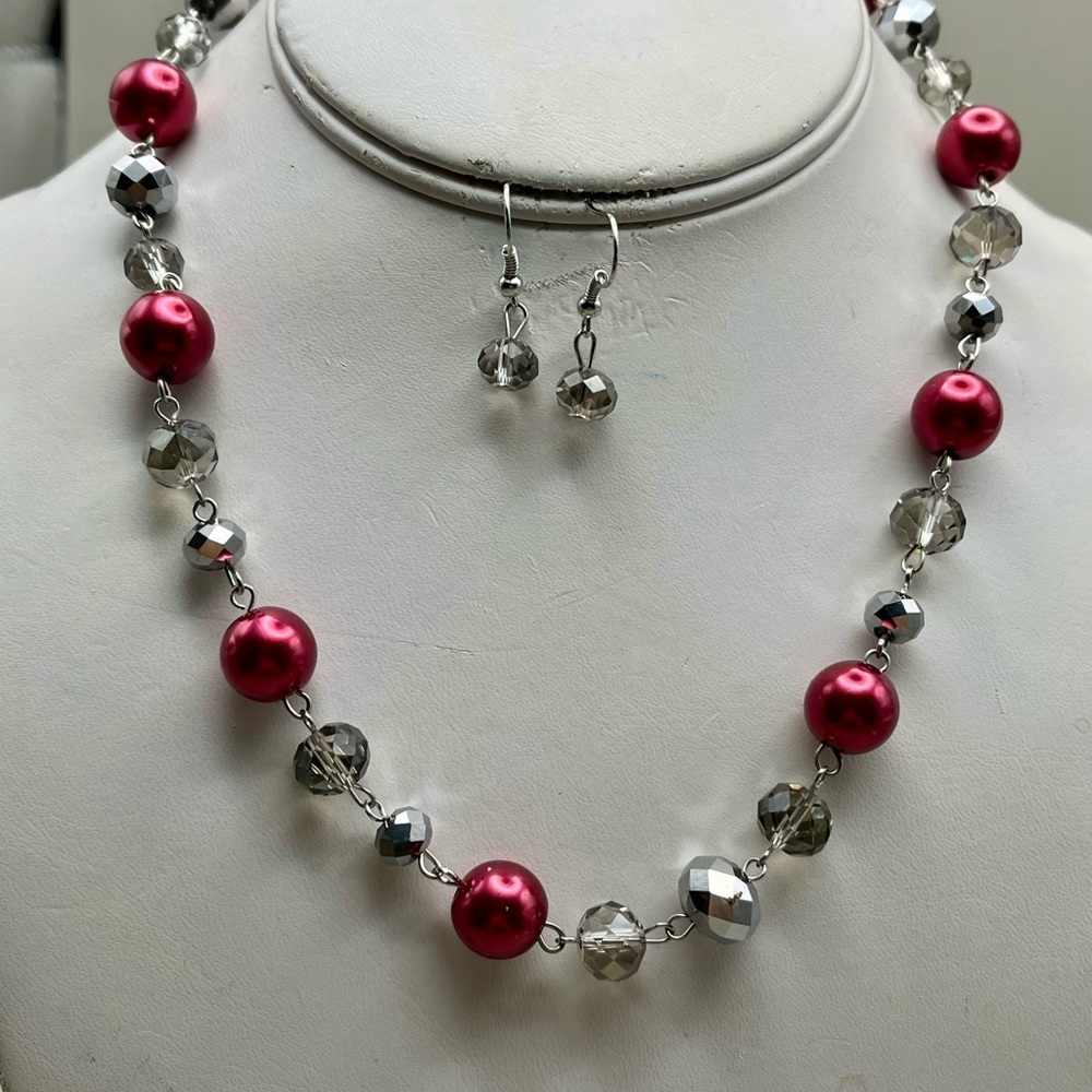 Elegant Red and Silver Beaded Necklace and Earring Set